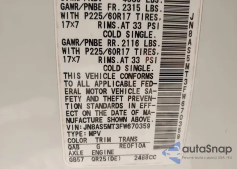 2015 Nissan Rogue Select S из США, поврежденный, VIN JN8AS5MT3FW670359